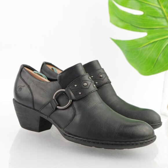 Born Womens Lorlei Boot Size 8 Black Leather Low Block Heel Harness Western Moto - Picture 1 of 12